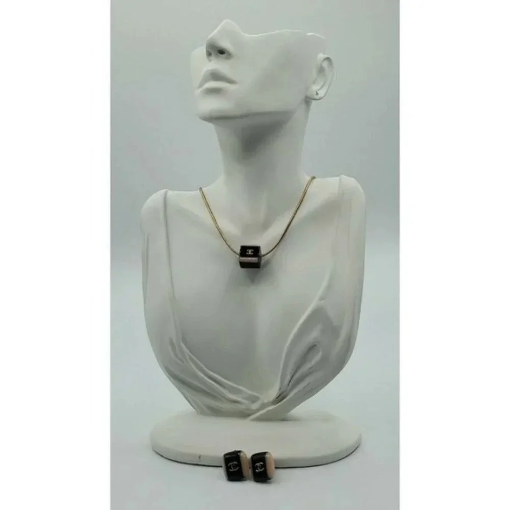 Vintage Authentic Chanel Logo Necklace &  Square Clip Earrings Set ~ Signature